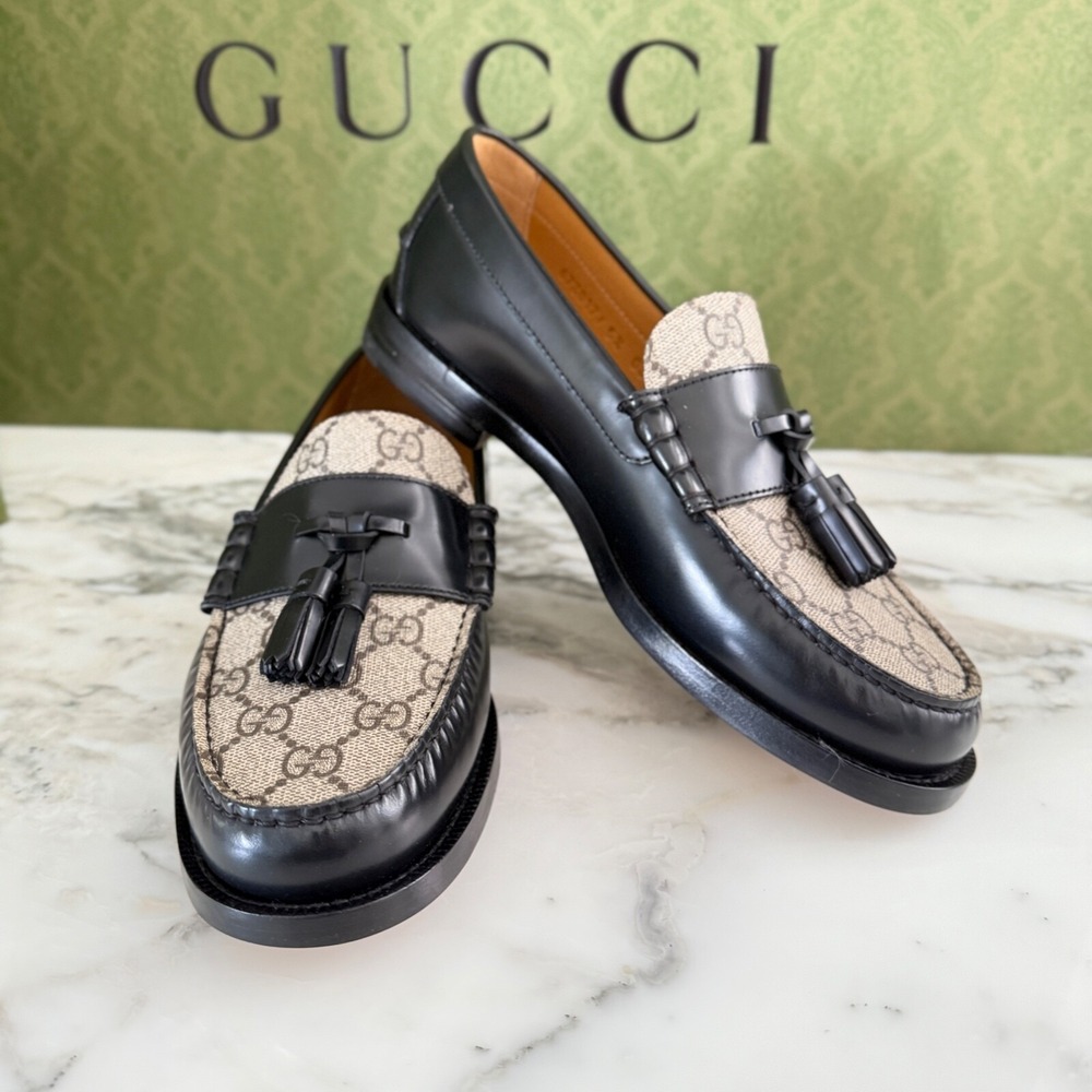 NWT Gucci 673817 Mens GG Logo‎ Leather Loafers Shoes Black/Beige Gucci 5.5